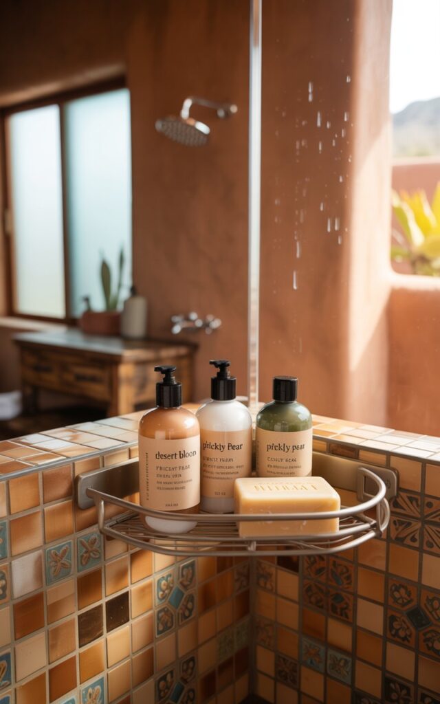 A photograph of a modern, Southwestern-style bathroom, centered on a sleek corner shower caddy filled with neatly arranged essentials. The shower caddy is crafted from brushed nickel and holds bottles of "Desert Bloom" shampoo, "Prickly Pear" conditioner, and artisanal soap, reflecting the warm terracotta and patterned tiles covering the shower walls. Soft, diffused light streams in from a nearby window, highlighting the rustic wooden vanity and the rainfall showerhead, creating a cozy and inviting atmosphere within the uncluttered space. The background features a textured clay wall and a glimpse of a vibrant desert landscape through a frosted glass window.