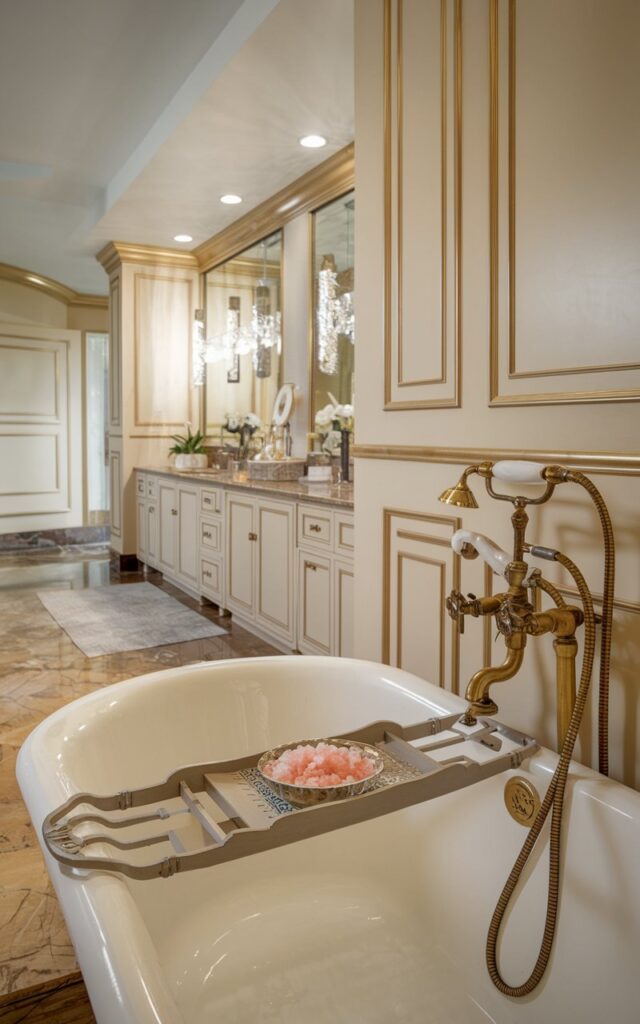 A photo of a spa-like regal bathroom with a polished marble floor and a deep soaking tub framed by ornate gold fixtures and wainscoting. The bath tray holds a small porcelain or cut-glass bowl with glistening pink Himalayan salt crystals, catching the light and adding a touch of understated luxury. The bathroom has a vanity, floor rug, ceiling LED lights, etc.