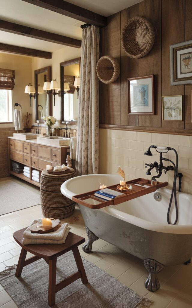 A photo of a traditional bathroom with rustic charm. There is a rich teak wood bath tray stretched across a classic clawfoot tub. The tray contains a tiny bowl of dried petals, a book, and a tea light. There is a matching teak stool nearby, holding a folded linen towel, a small candle, and a bar of artisanal soap. The wall behind the bathtub is wood panelled and has 2-3 framed art. The space blends cream tiles, aged brass fixtures, and soft lighting for a warm, earthy spa ambiance. There are woven baskets and exposed beams in the bathroom. The bathroom also has a double vanity with mirrors, a floor rug, and a curtained window.