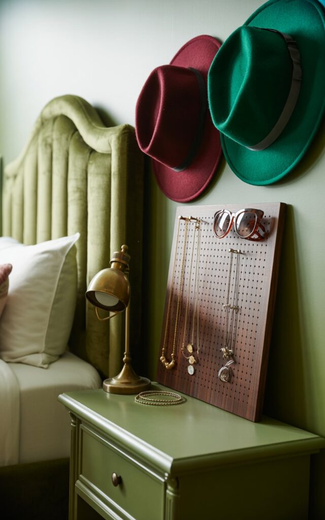 A photograph of a meticulously organized Victorian-modern bedroom centered on a small, dark walnut pegboard mounted beside a vanity table near the bed. The pegboard displays an assortment of delicate gold necklaces, a pair of tortoiseshell sunglasses, and two stylish felt hats in deep burgundy and emerald green, neatly arranged. A plush velvet headboard in a muted sage green frames the bed, while a vintage-inspired brass lamp sits on a nearby nightstand, casting a soft glow on the jewelry. Soft, diffused light streams in from a nearby window, accentuating the room’s refreshed, sophisticated charm and highlighting the functional yet elegant accessories.
