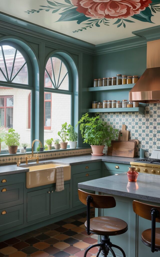 A photograph of a Victorian-style kitchen bathed in soft morning light. The kitchen centers around a large, cream-colored farmhouse sink with brass fixtures, positioned beneath a bold, hand-painted ceiling depicting a floral motif in shades of coral and teal. Sleek, dark-green cabinetry lines the walls, contrasted by a geometric tile backsplash in shades of gray and white, and a polished concrete countertop accented with copper hardware; vintage-inspired bar stools are pulled up to the island. Potted herbs and glass jars filled with spices adorn the open shelves, completing the space and adding a touch of rustic charm.