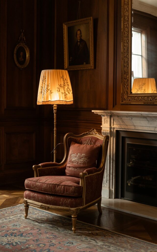 A photograph of a lavish Victorian-style living room at night, centered around an antique velvet armchair. The armchair, upholstered in deep burgundy fabric with intricate gold stitching, is positioned near a floor lamp with a cream-colored floral lampshade that casts a warm, amber glow. Dark wood paneling lines the walls, accented by ornate gilded mirrors and a patterned Persian rug, with a single framed portrait hanging above a marble fireplace and partially visible behind the armchair. Soft, diffused lighting highlights the textures of the upholstery, creating an intimate and cinematic atmosphere with a sense of quiet elegance.