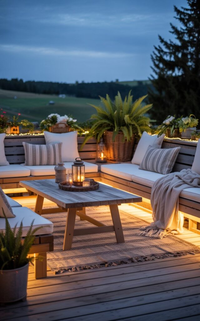 A photograph of an outdoor patio bathed in the soft glow of dusk, embracing a blend of alpine chic and cottagecore aesthetics. The patio features wooden benches adorned with plush cushions and layered cozy rugs surrounding a low, weathered coffee table, inviting relaxation. Scattered across the space are potted ferns, antique lanterns, and woven baskets overflowing with soft blankets, accented by discreet LED strip lighting subtly illuminating the patio's perimeter. The background reveals a glimpse of rolling hills fading into twilight, enhancing the serene and inviting ambiance of the "outdoor patio".