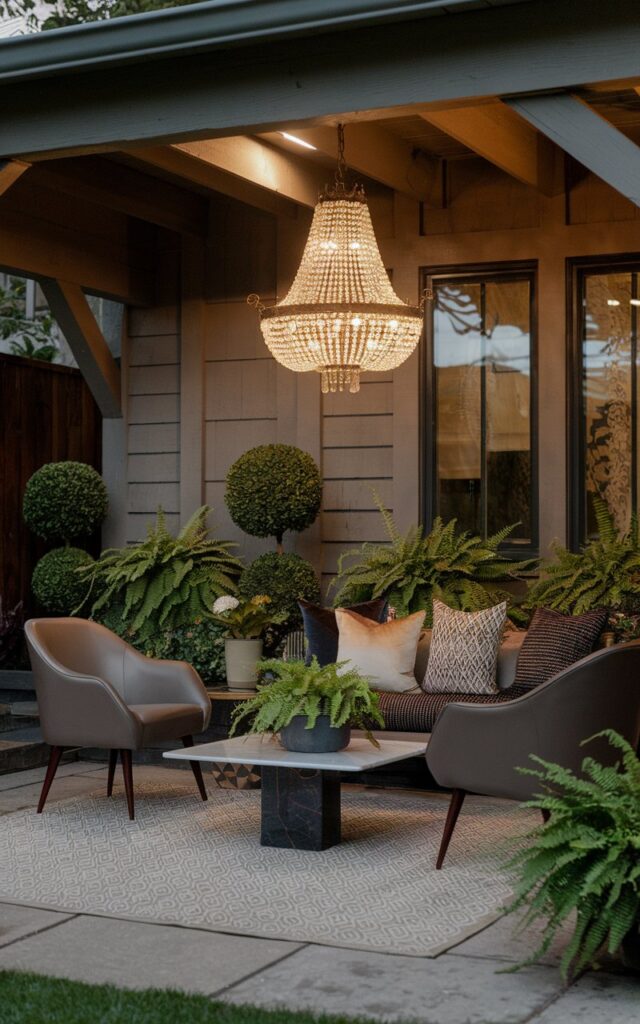 A photo of a backyard patio in a glam + mid-century modern style with a Victorian touch. The patio is attached to a house and has wooden beams. There is a vintage-style small chandelier with ornate metalwork and crystal drops hanging above the seating area, casting a warm, romantic glow. The seating area has sleek mid-century chairs with tapered wooden legs and a low marble coffee table. There are plush patterned cushions, potted ferns, and manicured topiaries. There is a patterned outdoor rug. The photo is taken at night.