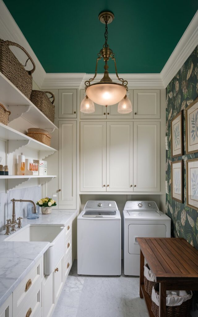 A photo of a traditional laundry room with white paneled cabinetry and marble countertops. The ceiling is painted a rich emerald green. There is a vintage-inspired pendant light with brass accents and frosted glass shades hanging from the center. The room contains a washer and dryer, a farmhouse sink, polished nickel faucets, open shelves with washing essentials, and a wooden folding table. One wall has elegant floral wallpaper. There are woven baskets and framed botanical prints. The only light source is the pendant light.