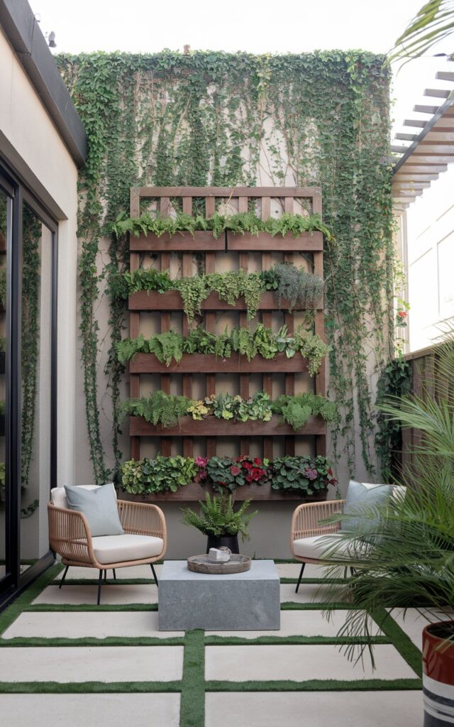 A photo of a biophilic modern transitional backyard attached to a sleek home. A tall wooden trellis holds a thriving vertical garden, with a lush tapestry of trailing ivy, potted herbs, ferns, and flowering plants in tiered planters. The greenery climbs naturally, softening the clean lines of the modern architecture. Below, a cozy seating area with rattan chairs, neutral cushions, and a stone coffee table invites conversation. The space is complete with a shaded pergola, potted palms, and smart outdoor lighting—where nature feels intentional and luxuriously livable.