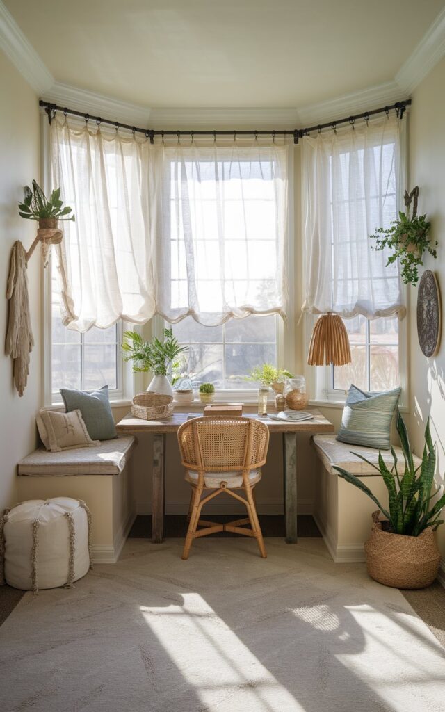 A photo of a home office nestled in a sun-drenched bay window. The office has a reclaimed wood desk, cushioned window seats, a rattan chair, seashell-inspired decor, and a driftwood lamp. The walls are adorned with plants and a few items. The room has sheer white curtains that flutter gently. The space is filled with natural light and has a soft, earthy, and tranquil ambiance.
