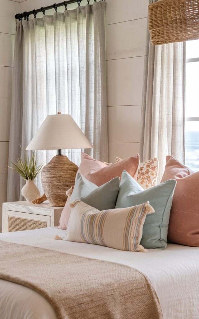 A photo of a breezy, sunlit California coastal bedroom with whitewashed walls, natural wood accents, and gauzy curtains fluttering in the ocean breeze. The bed is styled casually with a collection of 4-5 mismatched pillows in varying sizes and textures — think linen, cotton, and jute in tones of soft blue, sandy beige, terracotta, and ivory. Patterns include subtle stripes, faded florals, and geometric prints, creating a relaxed, layered look. The nightstand holds a seashell lamp and a small vase with beach grass. Woven elements and driftwood details complete the effortless coastal vibe, blending beachy charm with artistic flair.