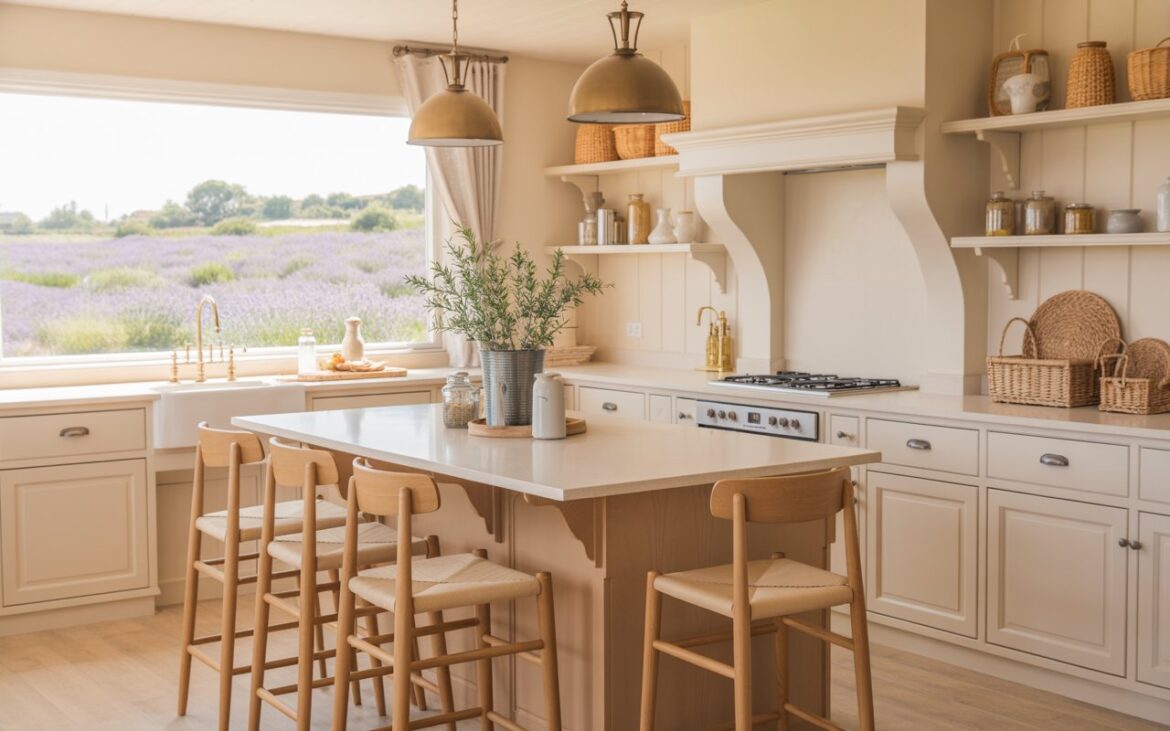 A photograph of a bright and airy countryside-coastal style kitchen featuring a central island as the focal point. The island has a smooth white quartz countertop and is surrounded by three light wood bar stools with woven cream-colored cushions, illuminated by a pair of brass pendant lights. Creamy white cabinetry with brushed nickel hardware lines the walls, accented by open shelves displaying ceramic jars and woven baskets filled with kitchen essentials, while a large window overlooks a field of lavender. Soft, natural light streams through the window, highlighting the blend of light wood tones, sandy neutrals, and subtle coastal blues that create a fresh and inviting atmosphere.