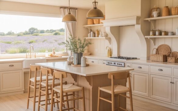 A photograph of a bright and airy countryside-coastal style kitchen featuring a central island as the focal point. The island has a smooth white quartz countertop and is surrounded by three light wood bar stools with woven cream-colored cushions, illuminated by a pair of brass pendant lights. Creamy white cabinetry with brushed nickel hardware lines the walls, accented by open shelves displaying ceramic jars and woven baskets filled with kitchen essentials, while a large window overlooks a field of lavender. Soft, natural light streams through the window, highlighting the blend of light wood tones, sandy neutrals, and subtle coastal blues that create a fresh and inviting atmosphere.