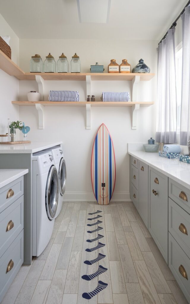 A bright and airy laundry room blending modern Americana charm with California coastal style. The floor features a whimsical stencil trail of tiny navy blue socks marching playfully across pale oak-look tiles. The room includes shaker-style cabinetry in soft ocean gray, a sleek white quartz countertop, and a side-by-side washer and dryer with brass hardware. Above, open white oak shelves display glass jars, vintage detergent boxes, and rolled-up striped towels. A surfboard print leans casually against the wall, while a coastal breeze flows through sheer cotton curtains.