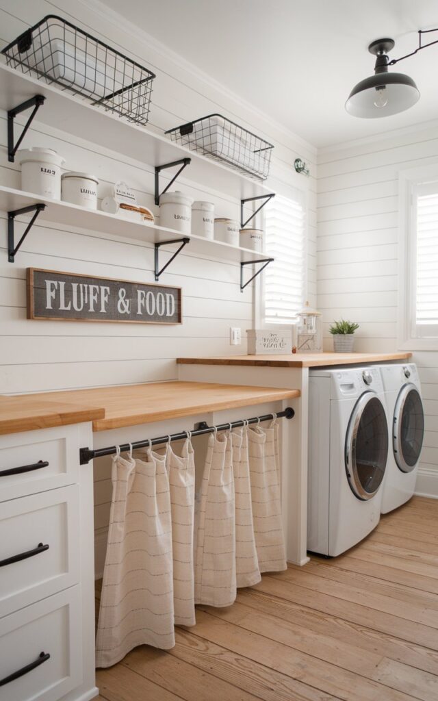 A bright and functional modern farmhouse laundry room with white shiplap walls, black hardware, and butcher block countertops. Beneath a built-in wooden folding station, a hidden litter box area is cleverly concealed behind a small beige linen curtain with subtle ticking stripes. The curtain is gathered on a black tension rod, blending seamlessly with the farmhouse aesthetic. Above the station, open shelves hold wire baskets, mason jars, and labeled containers. A barn-style light fixture and wide-plank wood floors complete the warm, rustic-modern look. A nearby sign reads “Fluff & Fold” in distressed wood lettering. The laundry room has washer and dryer arranged side by side.