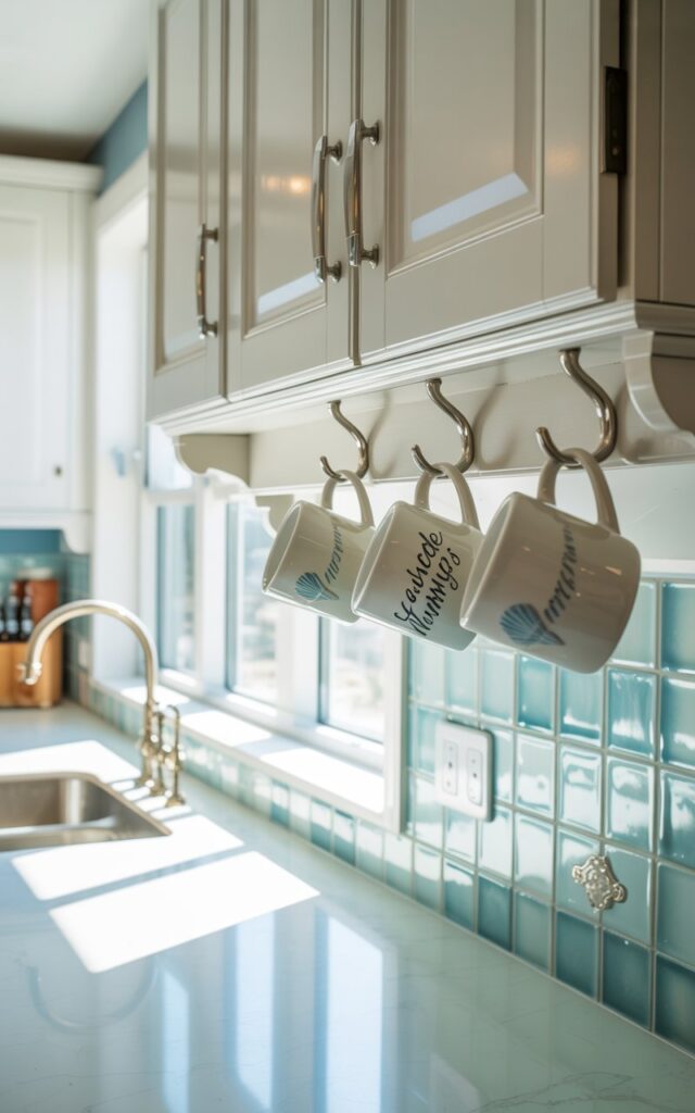 A photograph of a bright and airy coastal kitchen with soft white cabinetry and light blue accents. A row of sleek, brushed nickel hooks hangs beneath the upper cabinets, displaying three ceramic mugs with a subtle seashell design; one mug reads "Seaside Mornings" in delicate script. Sunlight streams in through a large window, illuminating a pristine white marble countertop and a backsplash composed of handcrafted turquoise tiles. The scene evokes a sense of calm and functionality, with subtle wood details and gleaming hardware adding warmth to the space.
