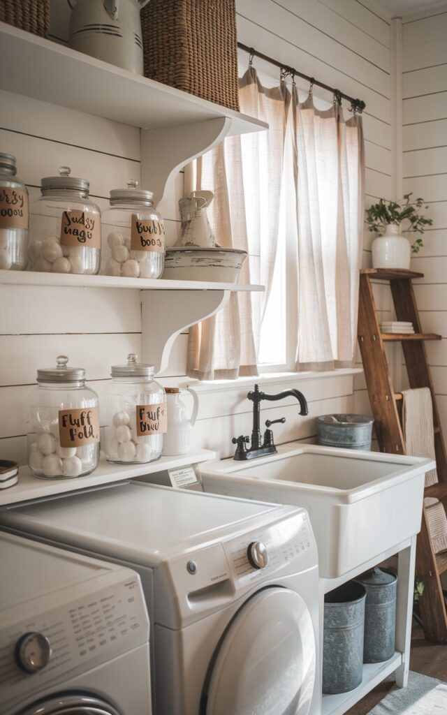 A photo of a farmhouse laundry room with open white wooden shelves. The shelves display a few clear glass jars filled with laundry powders and pods. Each jar has a hand-lettered kraft paper label with quirky names like "Sudsy Magic," "Bubble Boost," and "Fluff & Fold." The jars are placed neatly beside vintage enamel pitchers and woven baskets on a shiplap wall backdrop. The laundry room has a washer and dryer stacked on top of one another. A farmhouse sink with an apron front and a black matte faucet anchors the space. Soft natural light filters through linen curtains, highlighting rustic touches like a wooden ladder and galvanized metal bins. The focus is on the jars.