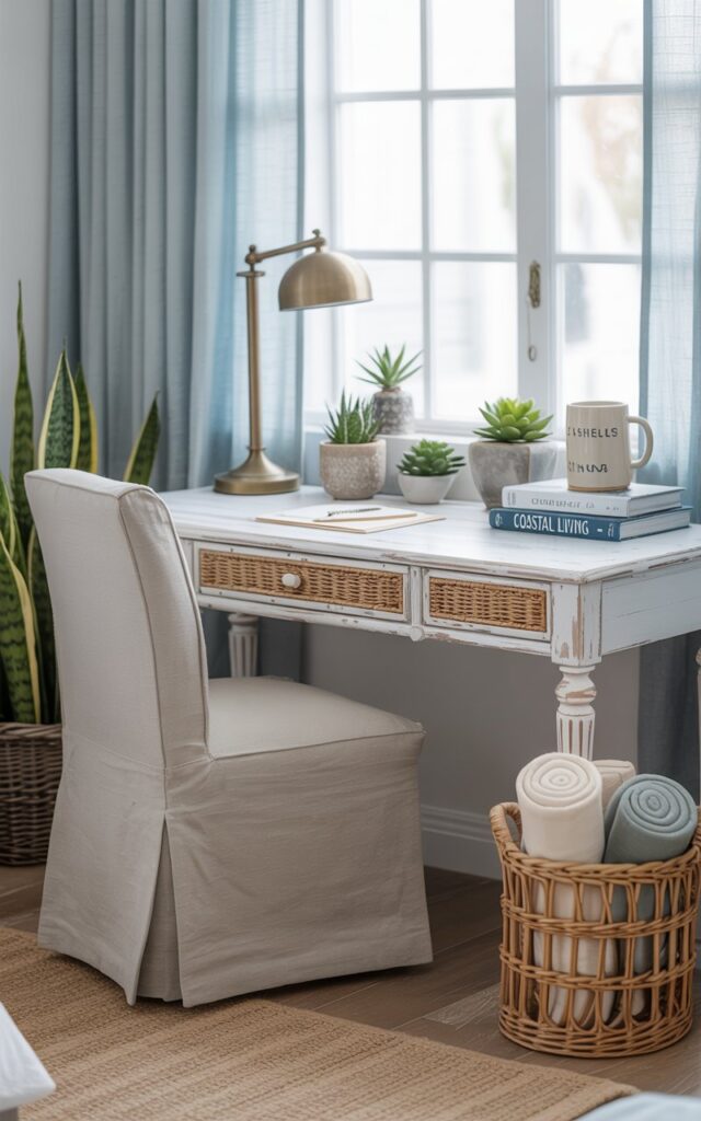 A photograph of a whitewashed wooden desk set within a serene coastal-style bedroom office. The desk, adorned with woven wicker accents, faces a large window and holds a vintage brass lamp and a stack of books titled "Coastal Living" and a ceramic mug with "Seashells" printed on it. A linen-upholstered chair sits comfortably beside the desk, while potted succulents, a snake plant, and a small palm add life to the space, complemented by a rattan basket holding rolled-up blankets. Soft blue and sandy beige tones create a calming atmosphere, with light curtains gently filtering natural light onto the scene.