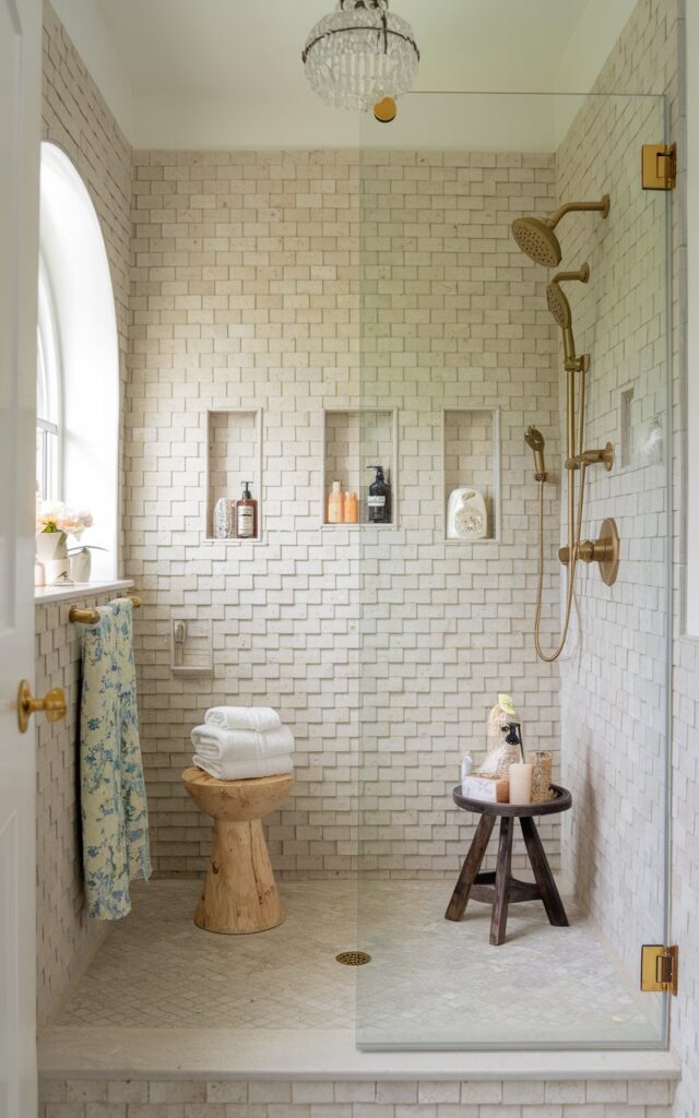 A charming cottagecore bathroom with a glamorous twist, featuring a shower wall lined with textured beige zellige tiles. The hand-crafted tiles catch the light with their subtle uneven surfaces, adding natural depth and artisanal beauty. The shower area is framed by gold-tone fixtures, rainfall shower head, niche shelves with essentials, a wooden stool, and a frameless glass door that lets the tiles shine. Nearby, soft floral textiles and vintage-inspired accessories mingle with a crystal pendant light overhead. The overall vibe is cozy and whimsical yet polished and elegant—where rustic cottage warmth meets a touch of refined glam.
