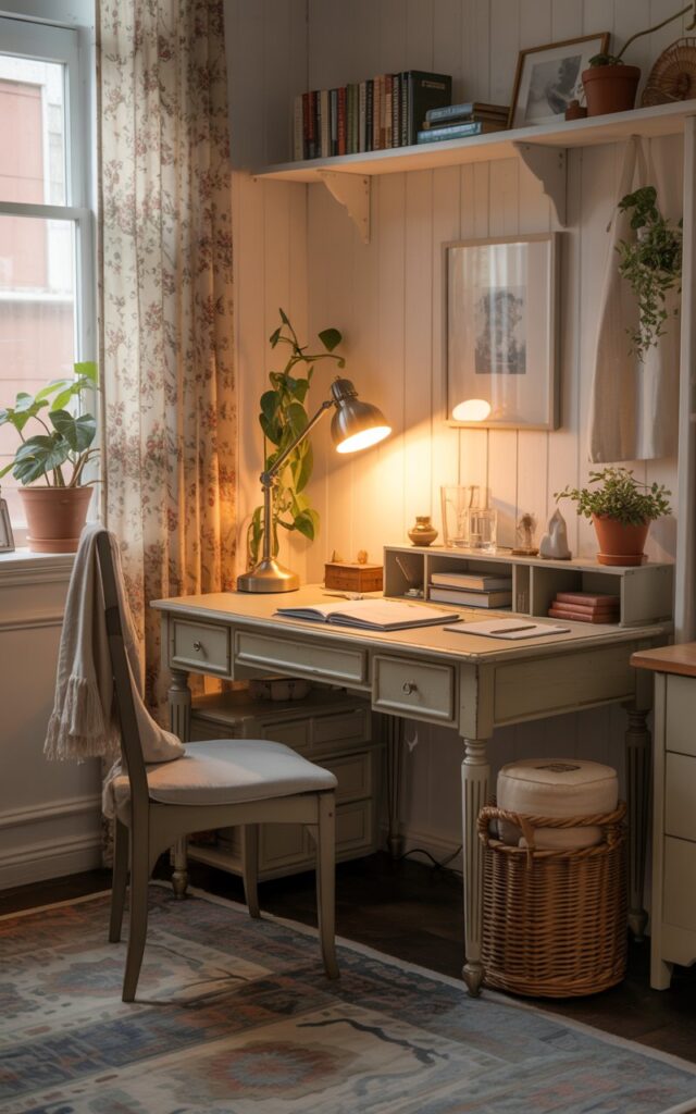 A charming cottagecore style home office, fully furnished and cozy, featuring a stylish desk lamp for focused task lighting. The desk is a vintage wooden piece adorned with small potted plants, books, and delicate accessories. A comfortable chair with a soft cushion complements the setup. Floral curtains, patterned rugs, and warm natural lighting create a quaint, inviting atmosphere. The desk lamp, with a brass or ceramic base and soft glow, adds both functionality and a touch of rustic elegance, making the workspace practical and aesthetically pleasing. Night time. only light from desk lamp.