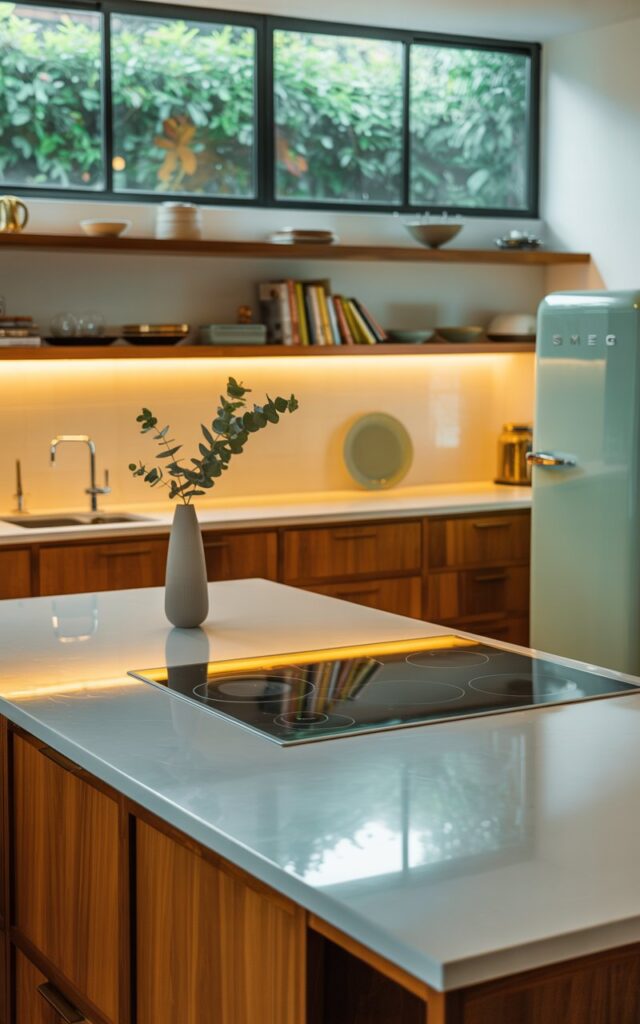 A photograph of a meticulously designed Mid-century modern kitchen with a striking Bauhaus influence, centered around a gleaming white island countertop with a built-in induction cooktop. A single, elegant vase holding a few sprigs of eucalyptus sits on the countertop, subtly highlighting the clean geometric lines of the cabinetry in warm wood tones.  Above the island, sleek open shelving displays a curated collection of ceramic dishes and cookbooks, bathed in the amber yellow glow of under-cabinet lighting which softly illuminates a vintage Smeg refrigerator in a muted teal hue. Large windows offer a glimpse of a lush green garden, providing a serene and artistic backdrop.