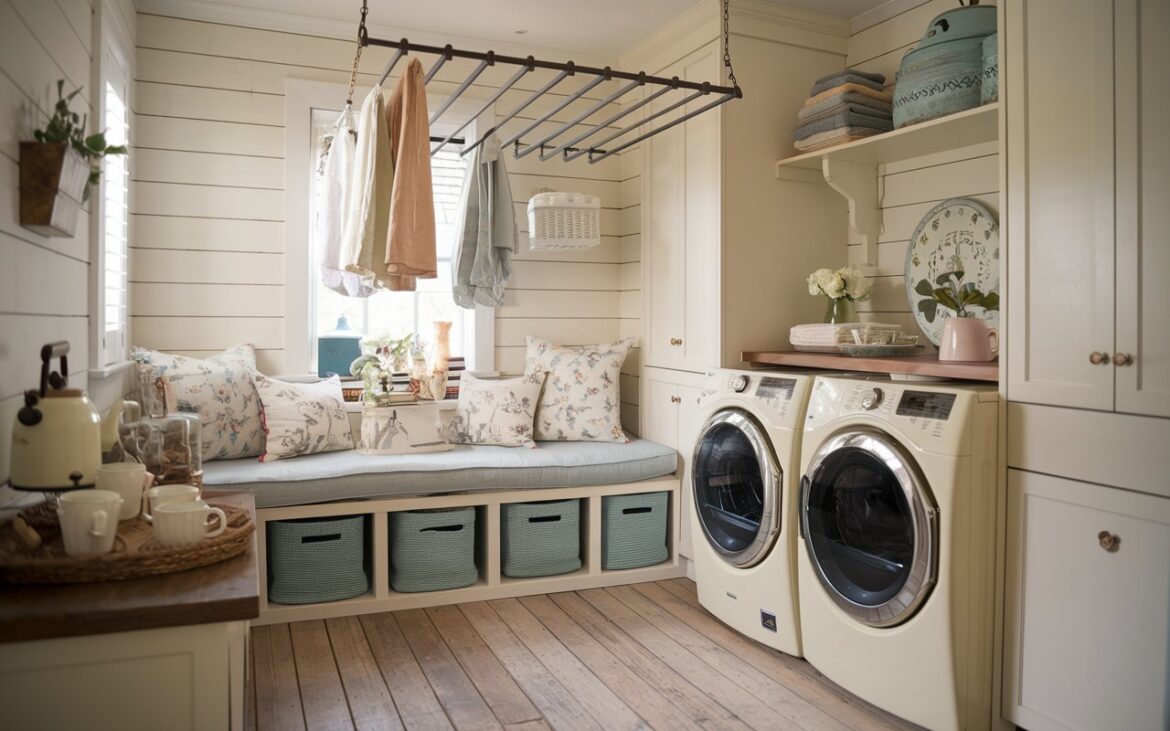 A photo of a charming laundry room in soft cottagecore and countryside style. The room has weathered wooden floors and white shiplap walls. There's a cozy coffee nook in one corner, with a vintage kettle, stacked mugs, and jars of tea. A cushioned bench with floral throw pillows and woven baskets offers seating and storage. An antique-style drying rack hangs from the ceiling, with linen garments draped over it. A front-loading washer and dryer in creamy white are built into cabinetry. The space is softly lit, inviting, and thoughtfully lived-in.
