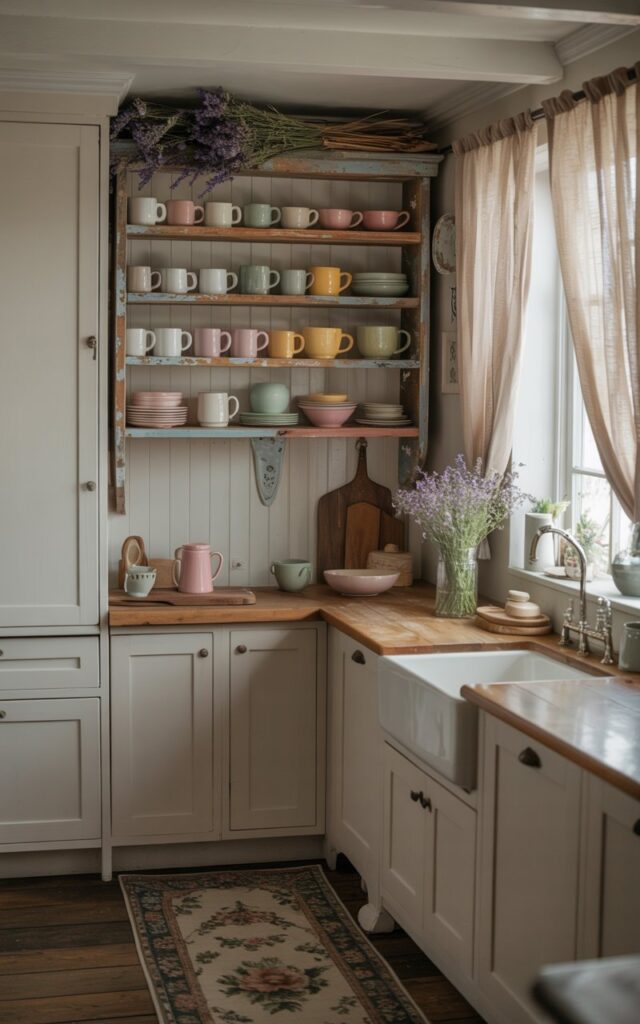 A photograph of a quaint, fully furnished cottagecore-style kitchen showcasing an open shelf filled with a collection of ceramic coffee mugs and pastel-colored cereal bowls. The central shelf is crafted from reclaimed wood, adorned with a few sprigs of dried lavender, and sits against a backdrop of pristine white cabinets and a rustic wooden countertop featuring a farmhouse-style sink. A vintage floral rug runner warms the floor below, while natural light streams through a window draped with sheer linen curtains, highlighting a small vase of freshly cut wildflowers sitting on the counter. Soft, diffused lighting illuminates the entire scene, creating a cozy and inviting atmosphere.