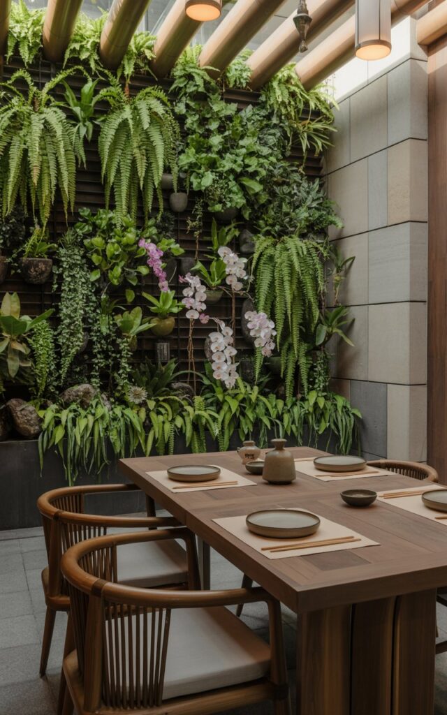 A photograph of a modern dining table set on a chic Asia Zen-style outdoor patio. The table, crafted from dark teak wood, is adorned with minimalist ceramic plates and chopsticks, reflecting the serene atmosphere. Behind the table, a vertical garden wall bursts with vibrant green ferns, cascading herbs and colorful orchids, creating a natural backdrop for the dining space. Soft, diffused lighting from overhead lanterns highlights the sleek stone flooring and the bamboo accents, reinforcing the Zen aesthetic and inviting peaceful relaxation.