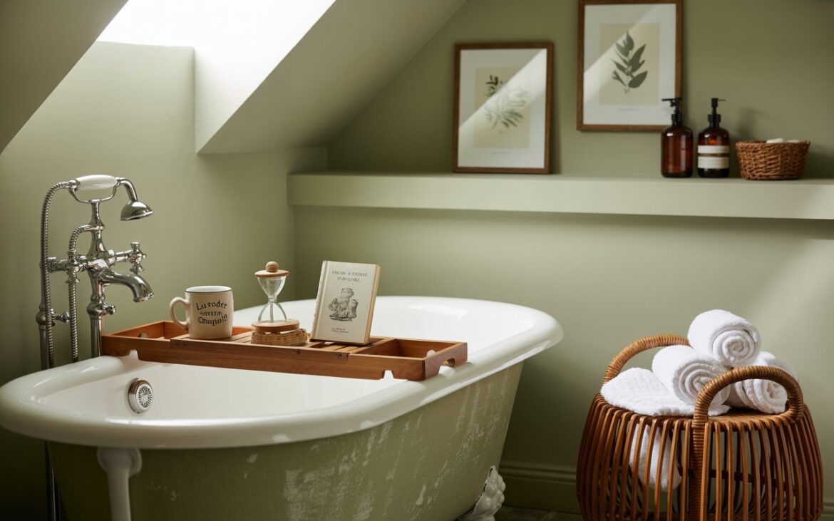 A photograph of a chic, spa-like bathroom blending modern and cottagecore aesthetics. A freestanding, antique clawfoot tub with a matte white finish is the central focus, positioned beneath a soft skylight that casts diffused natural light. A rustic wooden bath tray rests across the tub’s rim, displaying a "Lavender Chamomile" ceramic mug, a small sand timer, and a vintage copy of "Pride and Prejudice," while a plush, pebbled bath mat sits invitingly nearby. The sage green walls are adorned with two framed botanical prints, and a rattan basket overflowing with rolled white towels and amber glass dispensers sits neatly against a floating shelf, completing the serene and inviting atmosphere.