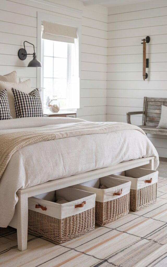 A photo of a clean and cozy modern farmhouse bedroom. There's a neatly made bed with neutral bedding, gingham pillows, and a soft woven throw. Beneath the bed, there are 2-3 matching storage baskets in natural wicker or rattan with fabric liners or leather handles. The bed frame is a white-painted wood with plenty of clearance. The room has shiplap walls, vintage-style sconces, and a reclaimed wood bench. The under-bed baskets add a smart, polished touch without compromising the room's charm.