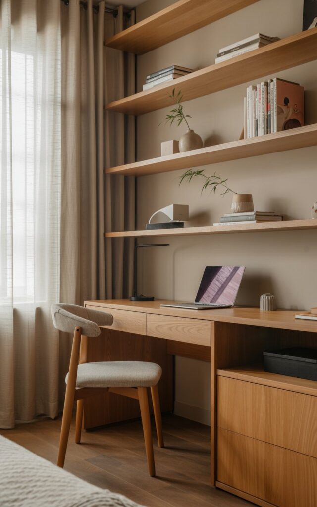A photograph of a serene Japandi-style home office seamlessly connected to a cozy bedroom. A light oak desk sits centered in the frame, showcasing a minimalist laptop and a sleek black desk lamp, with a comfortable gray Scandinavian-inspired chair upholstered in natural linen positioned invitingly. Floating wooden shelves stretch vertically along one wall, displaying a curated collection of books, a small ceramic vase with a single sprig of bamboo, and other neutral-toned decor items. Soft natural light filters through sheer curtains, illuminating the space and casting a warm glow on the wooden floors, creating a balanced and calming atmosphere.