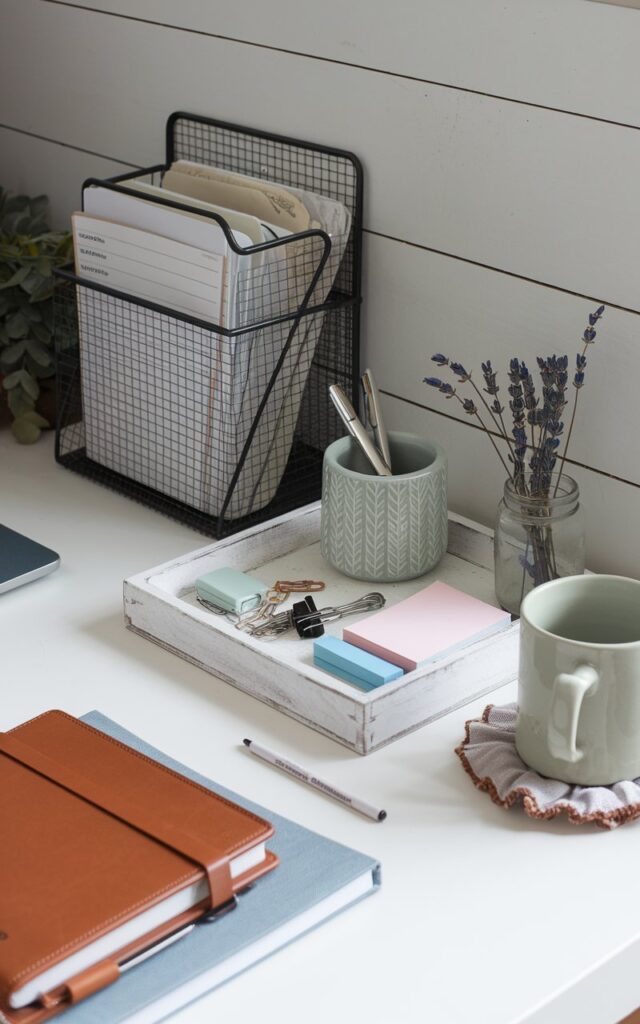 A photo of a neatly arranged modern farmhouse-style home office desktop with minimal yet charming organizers. There is a patterned ceramic pen holder in soft sage green, a whitewashed wooden tray holding paper clips, sticky notes, and a leather-bound planner. A wire mesh file holder in matte black leans against the shiplap wall, storing neatly labeled folders. Subtle farmhouse accents like a tiny glass jar with dried lavender and a linen coaster under a coffee mug add warmth. The clean, tactile surfaces and simple color palette reflect modern utility with a touch of rustic comfort. Natural light is filtered.