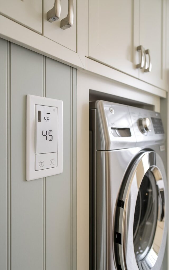 A photo of a sleek front-loading washer mounted on the wall next to a timer switch. The timer switch is set to 45 minutes and has a few other buttons nearby. The wall has pale gray paneled walls, white cabinetry, and brushed nickel hardware.