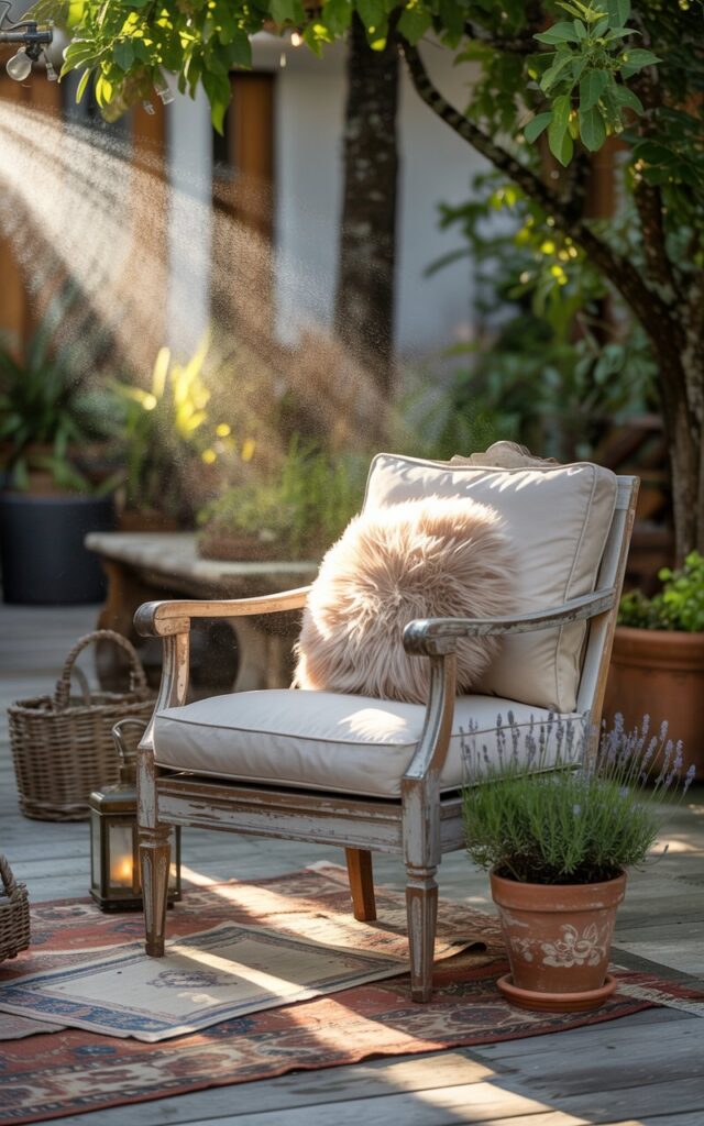 A photograph of a cozy outdoor patio, centered on a weathered wooden armchair adorned with plush, cream-colored cushions. The armchair sits atop a layered arrangement of vintage rugs, complemented by a small, terracotta pot containing a vibrant lavender plant. Soft, warm sunlight filters through the leaves of nearby trees, dappling the patio with light and shadows while misting nozzles overhead release a gentle, cooling spray, creating a tranquil retreat with woven baskets and a flickering lantern nearby. The overall scene evokes a sense of rustic charm and peaceful relaxation.