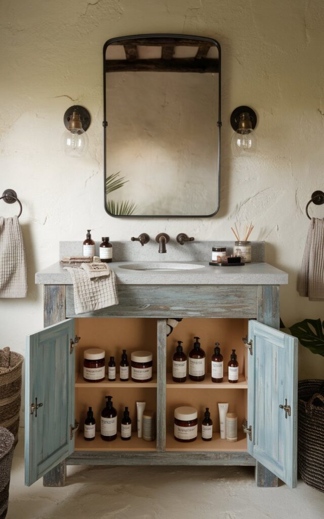 A photo of a rustic bathroom with a distressed wood vanity and a stone countertop. The vanity has a few toiletries on it, including soaps, lotions, and small bottles. The cabinet doors under the sink are open, revealing adhesive shelves installed inside, which are neatly stocked with soaps, lotions, and small toiletries in clear jars and labeled bottles. The faucet is aged bronze. There is a mirror above the vanity with sconces on either side. The room has soft, warm lighting. There are a few rustic details, such as woven baskets, textured towels, and a potted plant nearby.