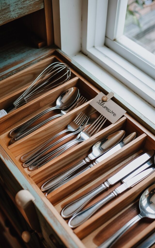A photograph of a meticulously organized kitchen drawer constructed from weathered, reclaimed pine wood. Inside, polished stainless steel utensils—spoons, forks, knives, and whisks—rest neatly within custom-fitted wooden dividers, each tool precisely aligned. A small, handwritten tag labeled "Silverware" is clipped to one divider, adding a touch of personal charm and a sense of domesticity. Soft, diffused morning light streams through a nearby window, highlighting the grain of the wood and the subtle reflections on the silverware, creating a warm and inviting atmosphere.