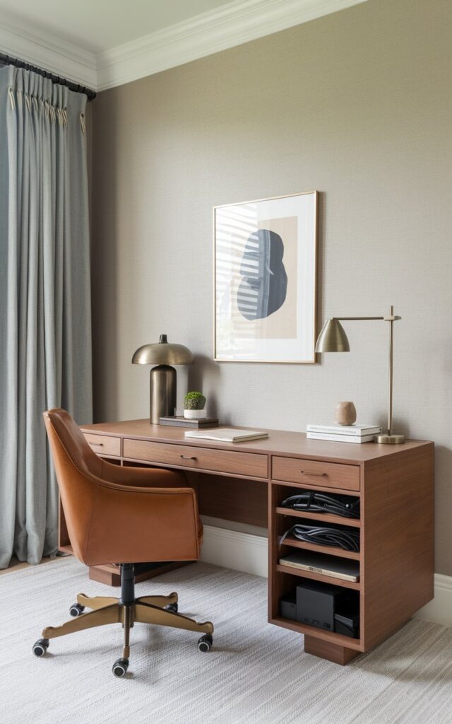 A photo of a transitional-style home office with a balanced blend of classic and contemporary design. The desk is a sleek, walnut-toned piece with clean lines and subtle detailing, set against a neutral-toned wall. Underneath and along the back edge of the desk, cords are neatly hidden using smart cable organisers—velcro straps, adhesive clips, and a slim cable management box—all in muted tones that blend with the décor. A leather swivel chair, brushed brass lamp, and minimalist framed artwork enhance the polished yet inviting vibe. The workspace feels effortlessly tidy, with no distracting cable clutter in sight.