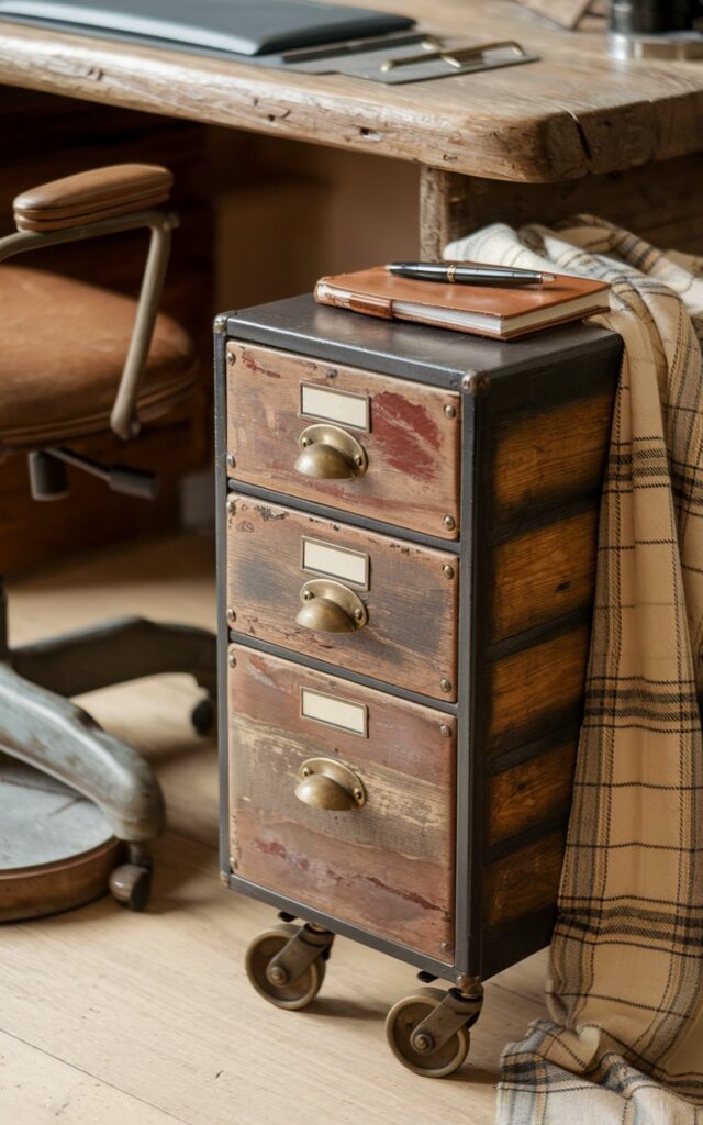 A photo of a vintage rustic home office corner. The focus is on a small file cabinet rolled beside a rugged wooden desk. The cabinet has distressed wood panels, aged brass cup handles, and label holders on each drawer. It is placed on industrial-style castor wheels. A soft plaid fabric drapes nearby, with a leather-bound planner and fountain pen on top. The worn textures, warm wood grain, and functional vintage design make this piece a statement in the workspace. The office also has a vintage chair at desk height and a foot rest.