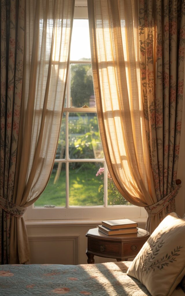A photograph showcasing the delicate interplay of light and fabric as it filters through layered curtains on a window in a cozy English countryside bedroom. The curtains, a blend of ivory linen and a subtly patterned floral fabric, partially obscure the view of a lush green garden beyond. Soft morning sunlight illuminates the sheer layers, creating a gentle glow that highlights the texture and detail of the fabric while casting warm shadows on a nearby antique wooden nightstand with a stack of books. A glimpse of a neatly made bed with a muted floral quilt and embroidered pillows adds to the tranquil, inviting ambiance of the room.