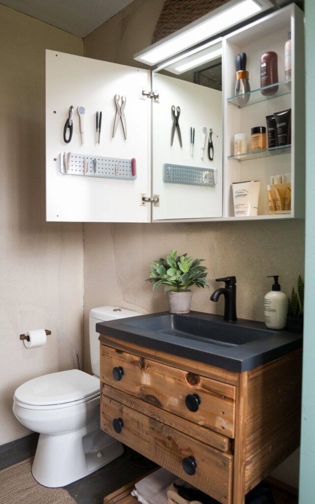A photo of a small, modern rustic bathroom with a wooden vanity and a medicine cabinet. The vanity has a matte black faucet and a potted plant. Above the vanity, there is a medicine cabinet with a magnetic strip that holds tweezers, nail clippers, and bobby pins. The cabinet also contains soaps and shampoos. The bathroom has neutral-toned walls, a toilet, and a floor rug.