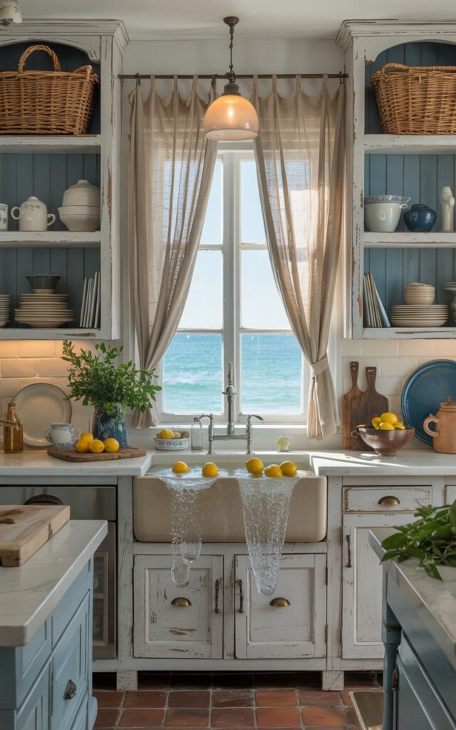 A photograph of a bright and airy kitchen embodying a coastal rustic aesthetic, centered around a large farmhouse sink filled with sparkling water and fresh lemons. The kitchen features four open cubbies filled with woven baskets, ceramic dishes, and antique brass accents, replacing traditional cabinets, with whitewashed wooden cabinetry and natural stone countertops. Soft blue accents adorn the space, complemented by rustic wood textures and sunlight streaming through linen curtains over a window overlooking a turquoise ocean. Warm, diffused lighting illuminates the organized and stylishly functional kitchen, creating a serene and inviting atmosphere.