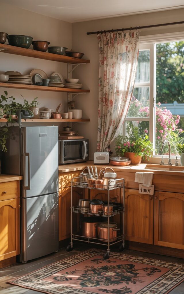 A photograph of a charming, fully furnished compact cottagecore kitchen bathed in soft morning light. A slim, stainless steel refrigerator sits next to a compact dishwasher, while a sleek microwave and a rolling cart brimming with copper pots and pans are nestled between two warm wooden cabinets displaying “Amor” in a small sign. Floral curtains hang over a window overlooking a blooming garden, and open shelves showcase a collection of mismatched ceramic dishes atop a vintage patterned rug. The entire space exudes a cozy and efficient atmosphere, with natural light highlighting the harmonious blend of practicality and rustic charm.