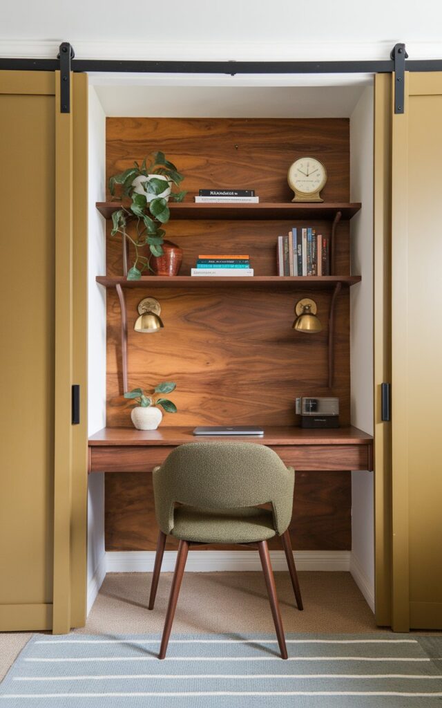 A photo of a compact mid-century modern "cloffice" cleverly tucked into a repurposed closet space. The back wall is paneled in warm walnut veneer, with a floating desk built in to match. A sleek chair with tapered wooden legs and a textured olive-green seat adds character. Brass sconces on each side cast a soft glow, while slim shelves above the desk hold a mix of books, a sculptural planter, and a vintage clock. Sliding doors painted in a muted mustard hue frame the scene, making the workspace feel intentional, stylish, and perfectly self-contained within its cozy footprint.
