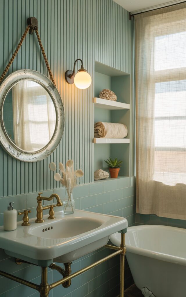 A photograph of a compact coastal bathroom featuring a vertically striped wall of sea green and soft blue. A round, antique-style mirror hangs above a white porcelain vanity with brass fixtures and a small vase holding white seashells. Soft sunlight streams through a sheer, linen curtained window, illuminating a clawfoot bathtub tucked into the corner and open shelves displaying rolled towels and a few potted succulents. Warm, diffused lighting enhances the serene and charming coastal vibe, creating a sense of airy spaciousness.