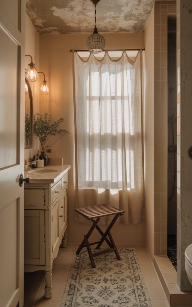 A photograph of a charmingly compact cottagecore bathroom centered around a vintage-style vanity with a cream-colored surface and antique brass hardware. A petite, foldable wooden stool sits invitingly beside the vanity, positioned to offer comfortable seating while adding to the room’s cozy aesthetic. Soft, natural light streams through a sheer linen curtained window, illuminating a patterned rug on the floor and highlighting the delicate pendant lights hanging from the detailed, slightly aged ceiling. The bathroom also features a discreetly placed toilet and a corner shower area, all contributing to a sense of tranquility and rustic elegance.