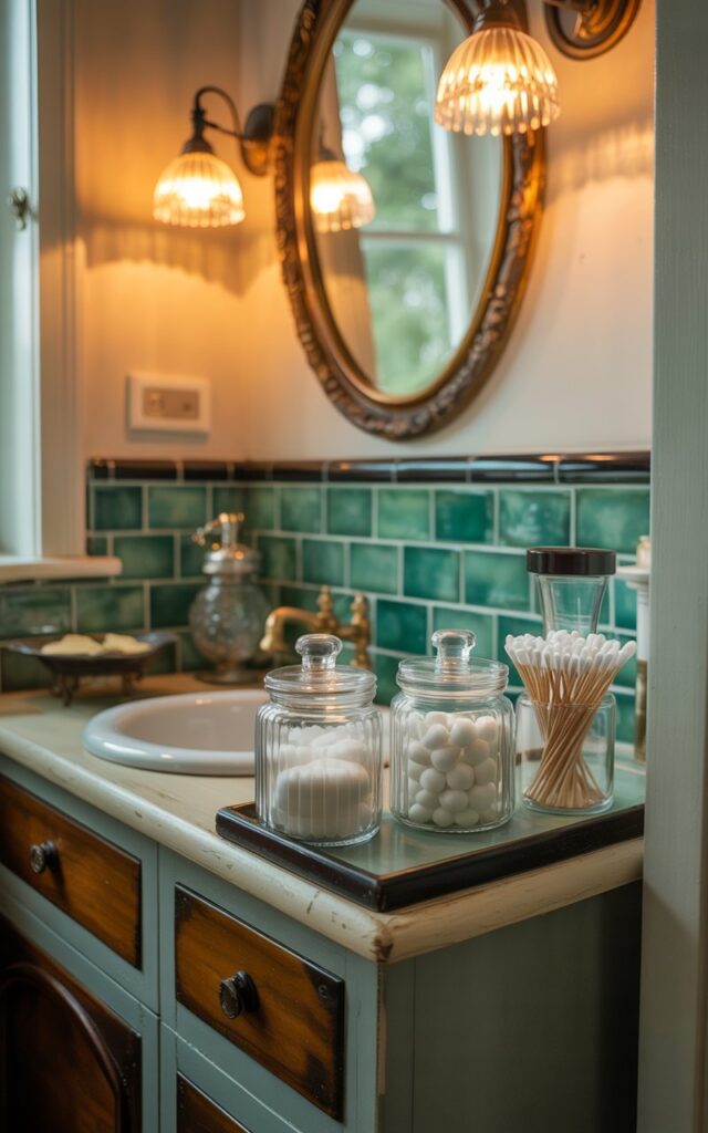 A photograph of a quaint countryside bathroom centered around a petite vanity with wood accents. A ledge above the vanity holds three clear glass jars neatly organized with lotions, fluffy cotton balls, and pristine white Q-tips. The wall behind the vanity showcases a sea green zellige tiled backsplash, reflecting warm light from two brass scones flanking an antique oval mirror, lending a charming and textural feel to the space. Soft natural light streams in from a nearby window, illuminating the cozy and well-kept details of the small bathroom.