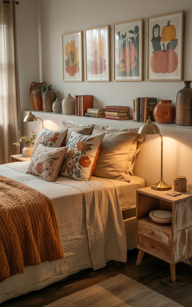 A photograph of a cozy bedroom blending cottagecore and mid-century modern aesthetics, with a queen-sized bed as the central focus. The bed is dressed in layers of cream-colored linen, a chunky knit throw blanket, and a collection of vintage floral pillows, positioned against a wall adorned with four framed prints depicting stylized fall foliage, pumpkins, and woodland creatures. A weathered wooden nightstand with a brass lamp sits on one side of the bed, while a built-in shelf displays ceramic vases and antique books, all bathed in the warm glow of natural light filtering through sheer curtains. The overall atmosphere is inviting, with a muted color palette of terracotta, sage green, and mustard yellow complementing the textures of wood, wool, and linen.