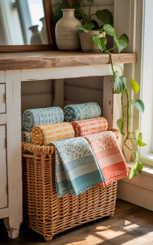 A photograph of a neatly organized woven basket sitting beneath a farmhouse-style vanity in a sun-drenched kitchen. Inside the basket, a collection of brightly colored dish towels are artfully rolled and stacked, showcasing a cheerful mix of teal, coral, and mustard yellow patterns. The vanity is crafted from reclaimed wood and features open shelving displaying ceramic vases and trailing pothos plants, while a rustic wooden countertop provides a warm backdrop. Soft morning light streams through a nearby window, highlighting the textures of the textiles and creating a cozy, inviting atmosphere.