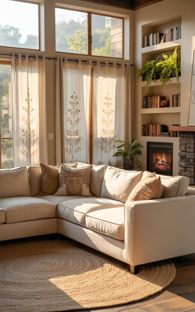 A photograph of a sun-drenched modern living room centered around a plush, cream-colored sectional sofa. The sofa is adorned with patterned throw pillows in muted earth tones and sits atop a large, intricately woven jute rug, facing a stone fireplace with a crackling fire. Sheer linen curtains with delicate floral embroidery softly filter the morning light streaming through expansive windows, while a built-in bookshelf filled with leather-bound books and potted ferns adds a touch of rustic charm to the scene. The warm glow of the morning sun highlights the textures of the room, creating an inviting and serene atmosphere.