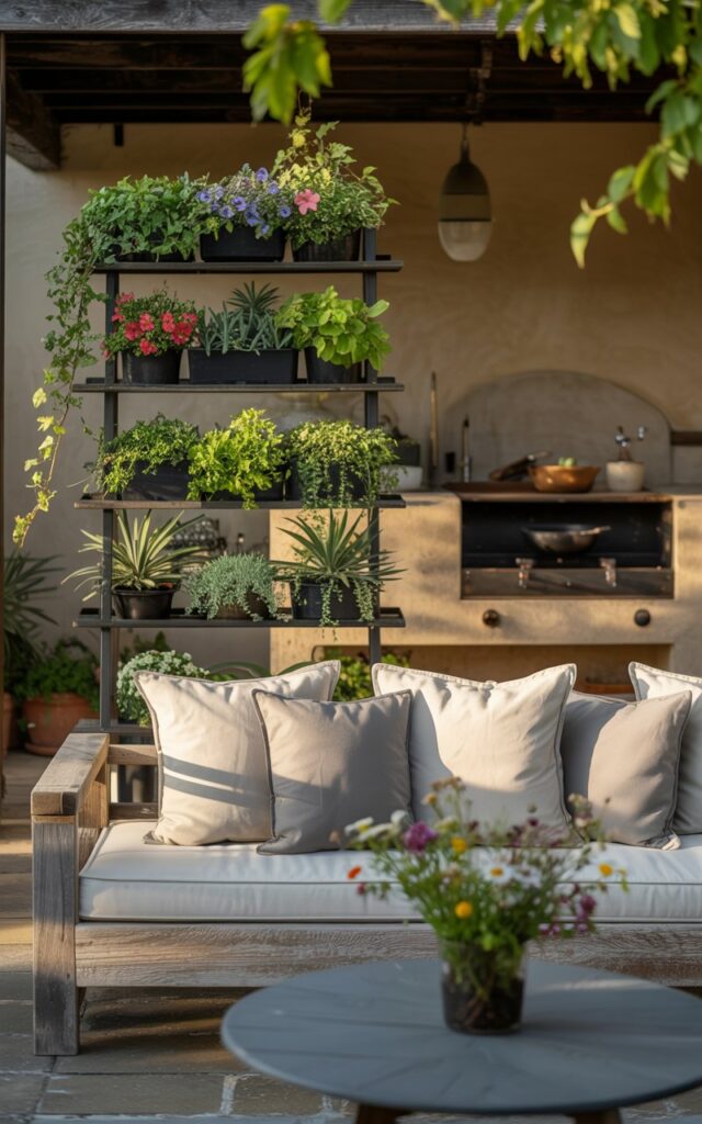 A photograph of a rustic outdoor patio bathed in the warm glow of late afternoon sunlight. A comfortable lounge area features a weathered wooden sofa adorned with linen cushions in shades of cream and soft gray, arranged around a low, round coffee table holding a vase of wildflowers. Behind the seating area, a five-tier plant stand showcases a vibrant collection of potted greenery, including trailing ivy, vibrant petunias, and architectural succulents, while a stone cooking station sits to the side, hinting at outdoor meals. The scene evokes a sense of relaxed tranquility, with dappled sunlight filtering through the leaves, creating soft shadows and highlighting the textures of the wood and stone.