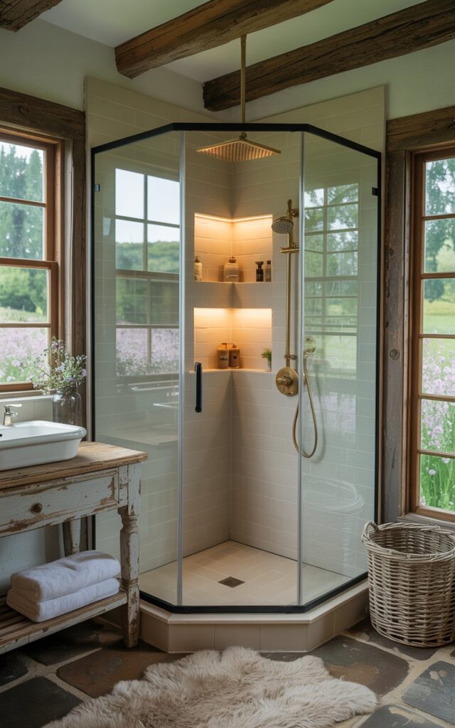 A photograph of a serene countryside-style bathroom, centered around a corner shower encased in clear glass panels that maximizes the feeling of openness. Inside the shower, a rainfall showerhead descends from above, illuminating recessed shelves with soft LED lighting, while outside, a weathered wooden vanity holds a porcelain sink and a woven wicker basket rests nearby. Soft natural light streams through a window overlooking a blooming meadow, highlighting the rustic stone tiles, exposed wooden beams, and a plush, cream-colored floor rug, creating a calming and functional retreat.