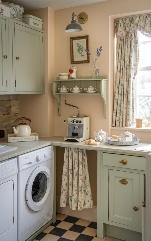 A cozy English countryside laundry room with soft sage green cabinetry, floral drapery, and vintage brass fixtures. Tucked into one corner is a charming coffee nook with a petite wooden shelf holding a classic kettle, a few porcelain teacups, and a tin of biscuits. A small vintage espresso machine sits on the countertop beside a floral tray with sugar cubes and a milk jug. Above, a framed botanical print and a sprig of lavender in a glass jar add a delicate touch. The room features washer and dryer, checkered flooring, aged stone counters, and warm light streaming through a cottage window.