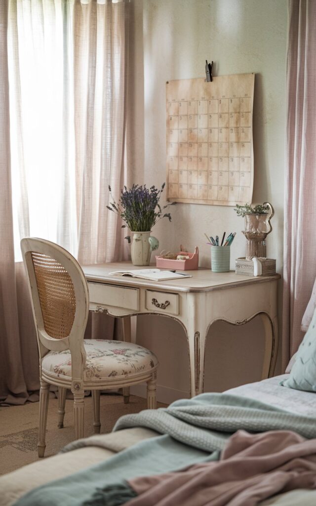 A photo of a cozy French country home office setup. There is a distressed wooden desk with curved legs and soft white paint, placed against a lightly textured wall. On the wall, a vintage-style wall calendar with tea-stained pages is hung using a bobby pin. The workspace includes a cane-back chair with a floral cushion, a ceramic mug filled with pens, and a vase of fresh lavender. Soft natural light streams in through linen curtains, highlighting a gentle color palette of ivory, soft blues, and dusty rose. The setup is inside a bedroom with a bed, pillow, and throws on it.